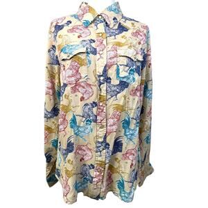 Cotton Rye Rooster Print Button Front Shirt Medium Western Farmhouse Novelty